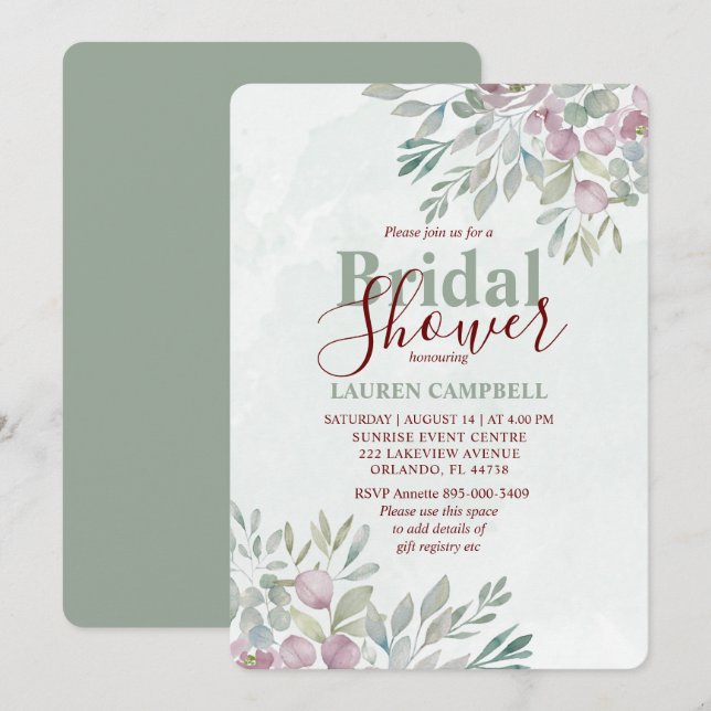 Eucalyptus Watercolor Sage Green Burgundy  Invitation (Front/Back)