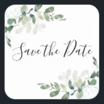Eucalyptus Watercolor Save The Date Square Sticker<br><div class="desc">**PLEASE READ BEFORE ORDERING** If you make changes to the shape or size or choose another product and the design is cropped in any way or doesn't look right on the page you will need to use the Live Design Service to have someone adjust the layout for you, unless you...</div>