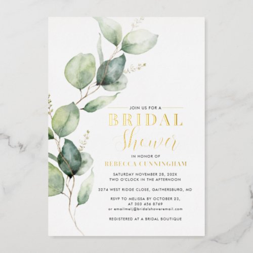 Eucalyptus Watercolor Script Bridal Shower Gold Foil Invitation