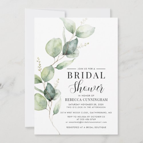 Eucalyptus Watercolor Script Bridal Shower Invitation