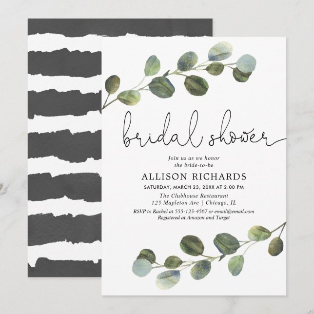 Eucalyptus watercolor simple modern bridal shower invitation (Front/Back)