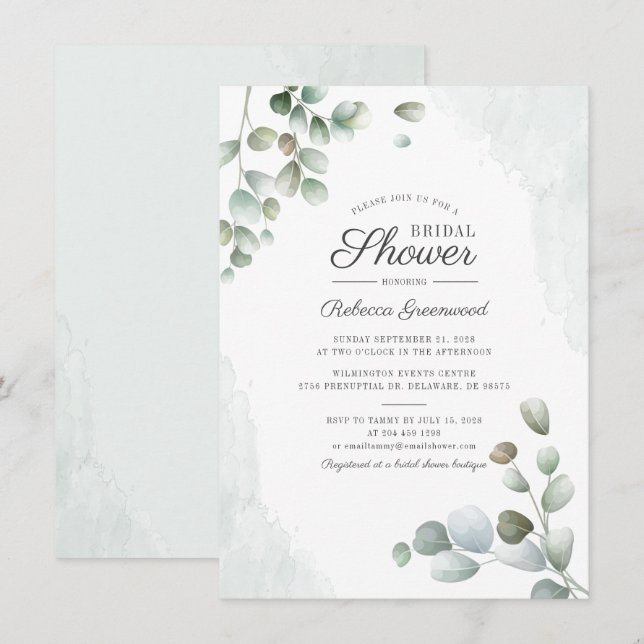 Eucalyptus Watercolor Succulent Bridal Shower Invitation (Front/Back)