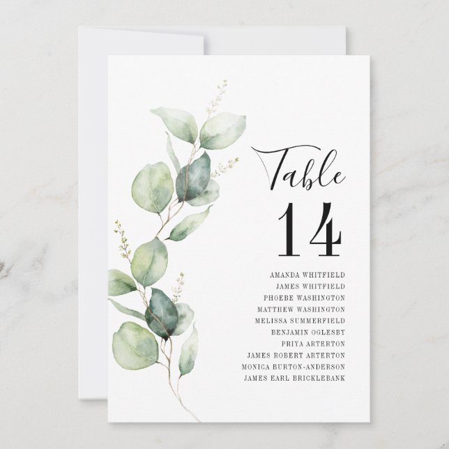 Eucalyptus Watercolor Table Number Wedding Seating (Front)