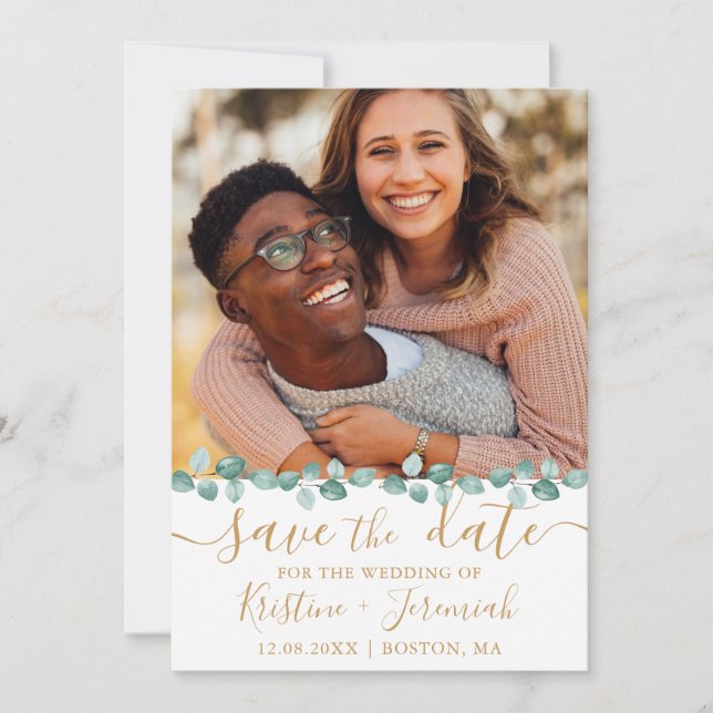 Eucalyptus Watercolor Vine Gold Photo Wedding Save The Date (Front)
