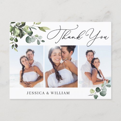 Eucalyptus Watercolor Wedding 3 Photo Thank You Postcard