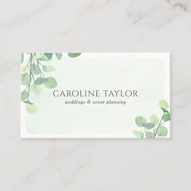 Eucalyptus Watercolor Wedding Event Planner Business Card (Front)