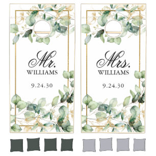 Eucalyptus Watercolor Wedding Mr. Mrs. Cornhole Set