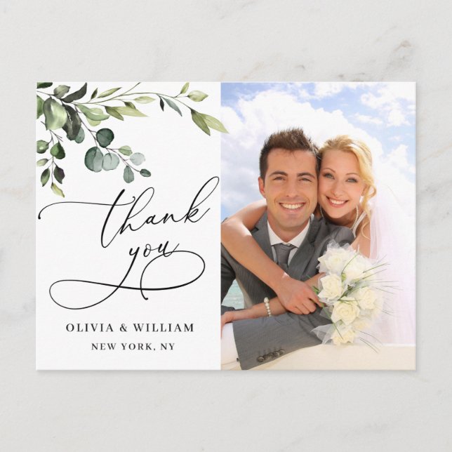 Eucalyptus Watercolor Wedding Photo Thank You Postcard (Front)