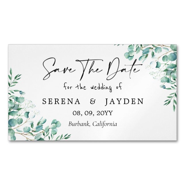  Eucalyptus Watercolor Wedding Save the date Business Card Magnet (Front)