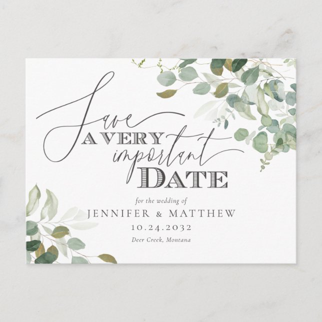Eucalyptus Watercolor Wedding Save the Date Invita Postcard (Front)