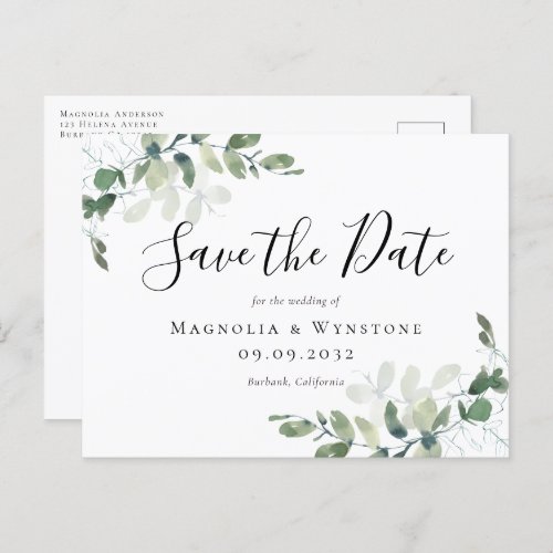 Eucalyptus Watercolor Wedding Save The Date Postcard