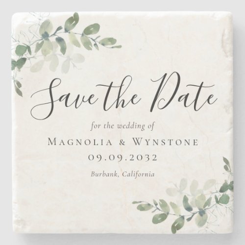 Eucalyptus Watercolor Wedding Save The Date Stone Coaster