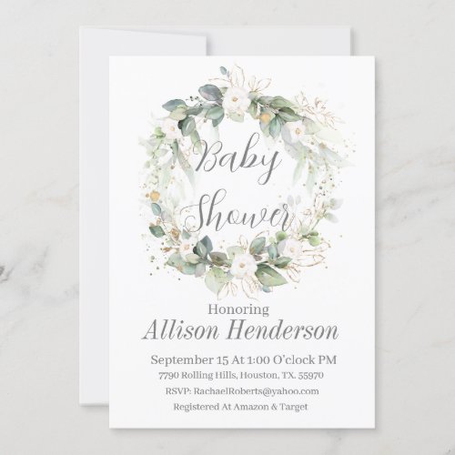 Eucalyptus Watercolor Wreath Baby  Shower  Invitation