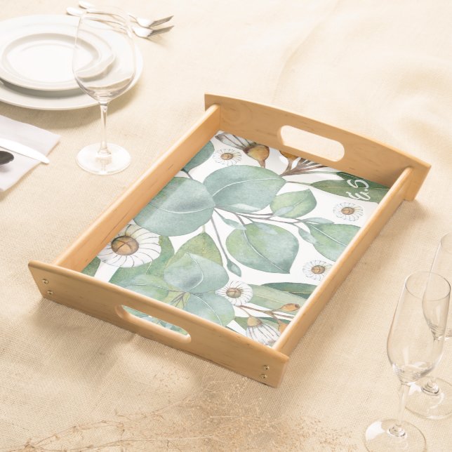 Eucalyptus Watercolour Flowers | Initials Serving Tray (Front)