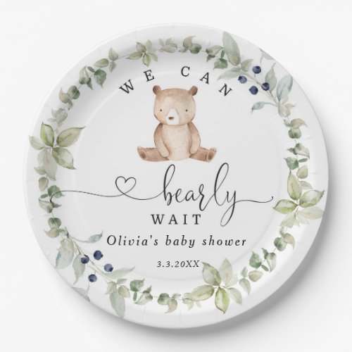 Eucalyptus we can bearly wait baby shower paper plates