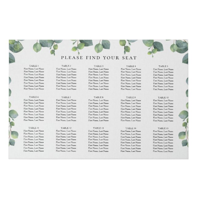 Eucalyptus Wedding 15 Table Seating Chart Faux Canvas Print (Front)