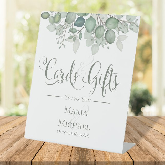 Eucalyptus Wedding Cards and Gifts Custom Sign (Cards and gifts wedding sign with eucalyptus greenery.)