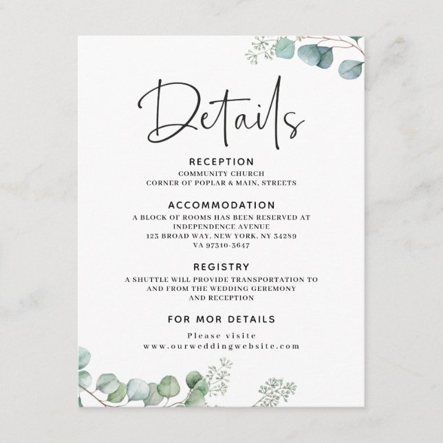 Eucalyptus Wedding details card (Front)