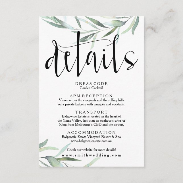Eucalyptus Wedding Details Card Rustic (Front)