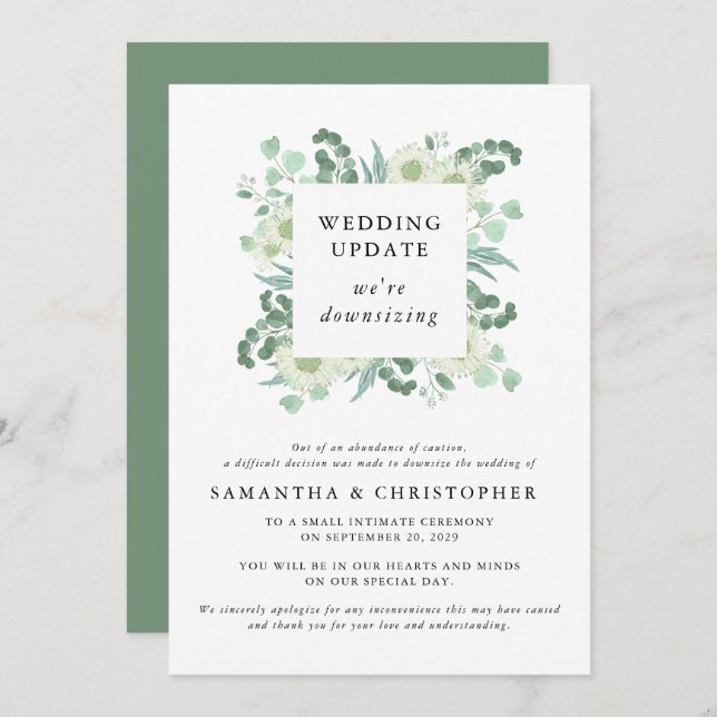 Eucalyptus Wedding Downsizing Update Announcement (Front/Back)
