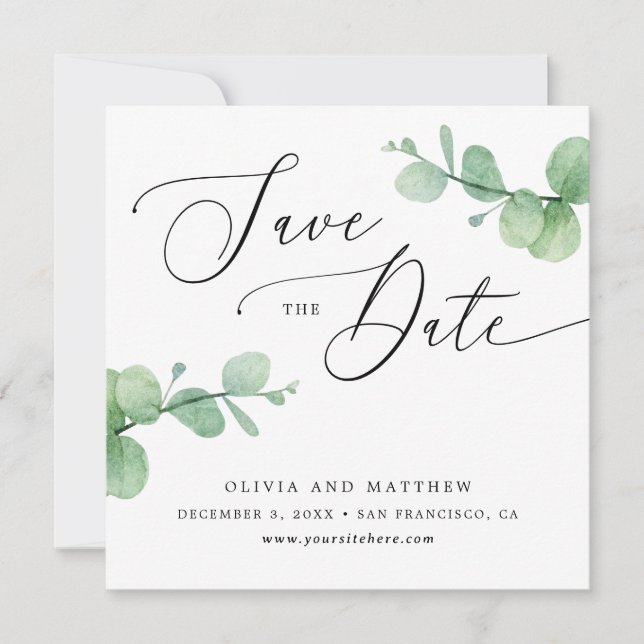 Eucalyptus Wedding | Elegant Greenery Garden Photo Save The Date (Front)
