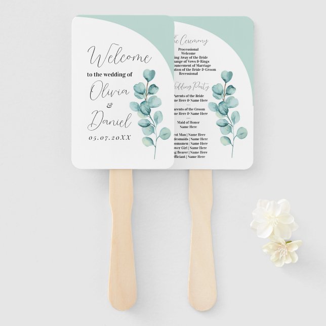 Eucalyptus Wedding Flower Hand Fan Programme  (Front and Back)