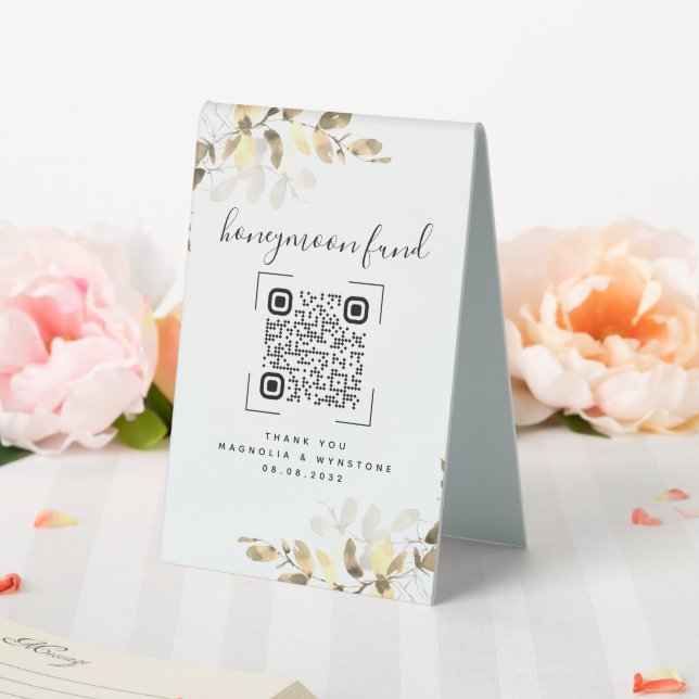 Eucalyptus Wedding Honeymoon Fund QR Code Table Tent (In SItu (Wedding))