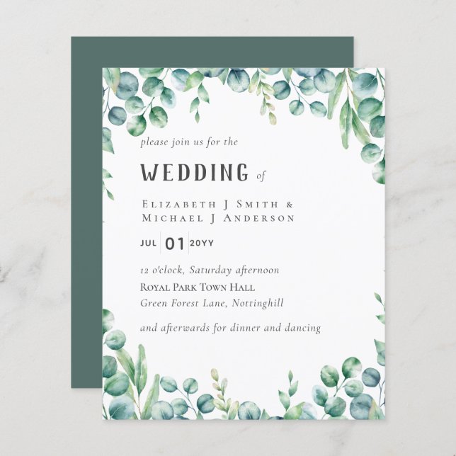Eucalyptus Wedding Invitation Budget Greenery Leaf (Front/Back)