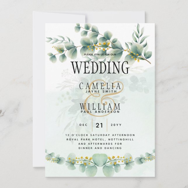 Eucalyptus Wedding Invitation Modern Greenery Gold (Front)