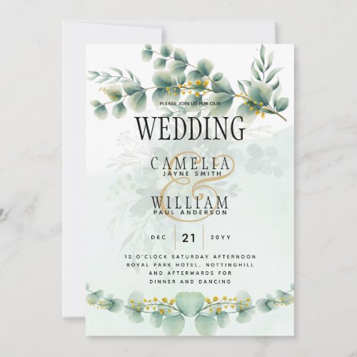 Eucalyptus Wedding Invitation Modern Greenery Gold