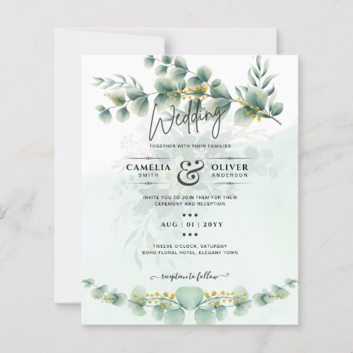 Eucalyptus Wedding Invitation Modern Greenery Gold