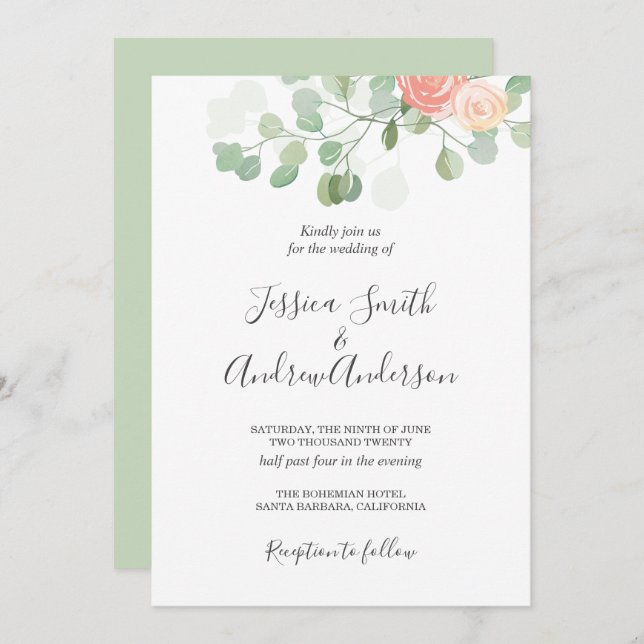 Eucalyptus Wedding Invitation Rustic Greenery Boho (Front/Back)