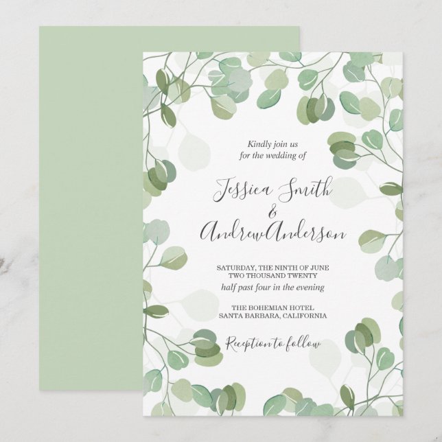 Eucalyptus Wedding Invitation Rustic Greenery Boho (Front/Back)
