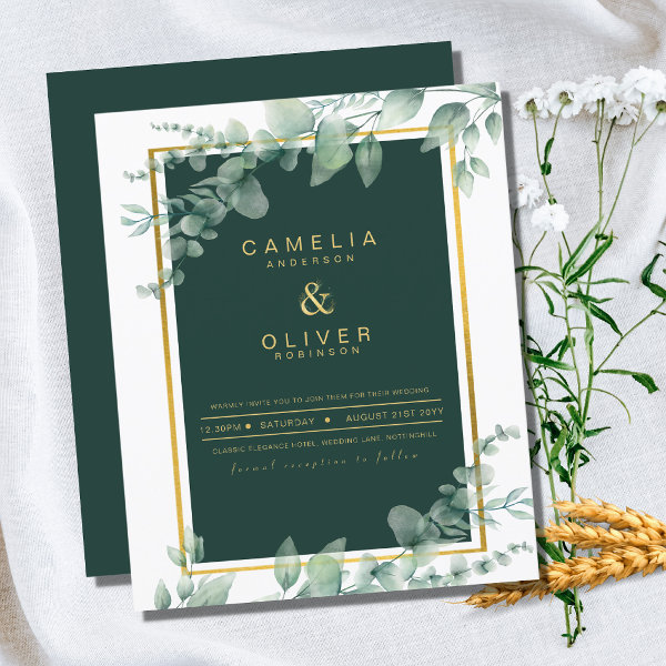 Eucalyptus Wedding Invitations Emerald Green Gold