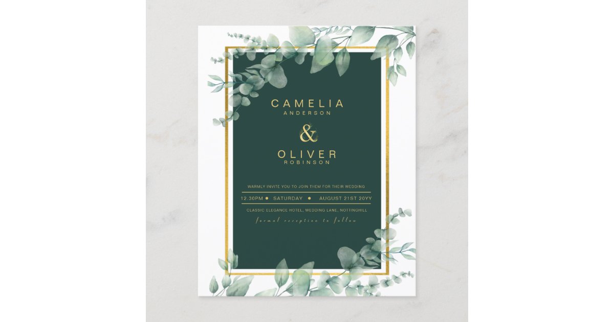 Eucalyptus Wedding Invitations Emerald Green Gold Zazzle 7905