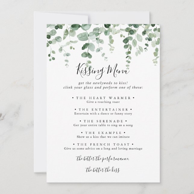 Eucalyptus Wedding Kissing Menu Game Card (Front)