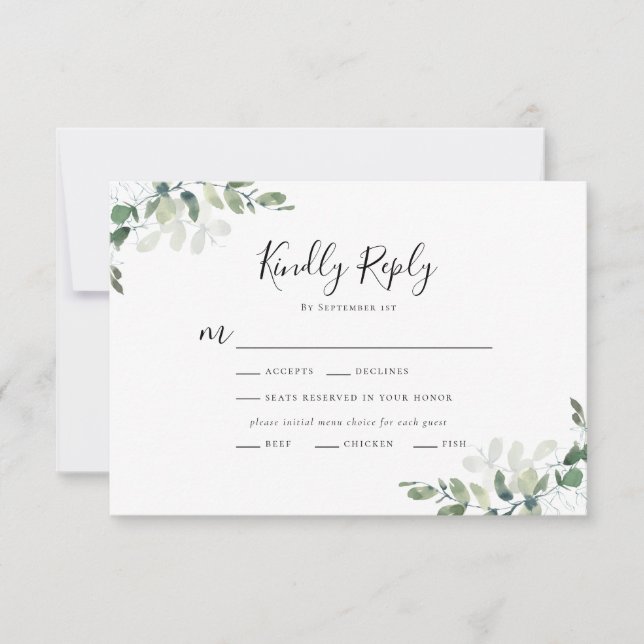 Eucalyptus Wedding Menu Choice RSVP Card (Front)
