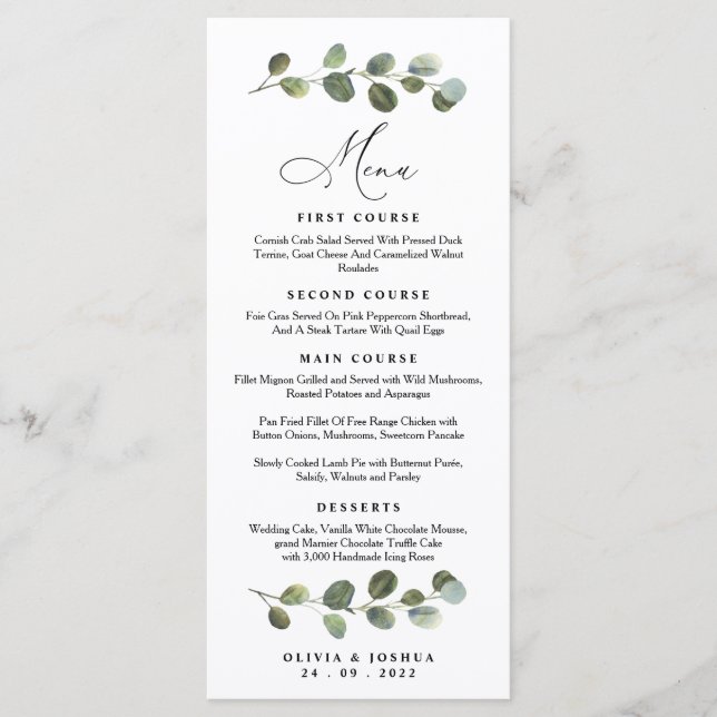 Eucalyptus Wedding Menu, Greenery Wedding Menu (Front)