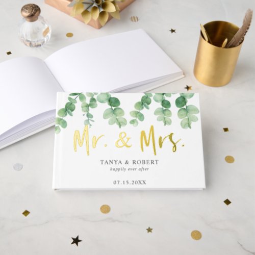 Eucalyptus Wedding Mr and Mrs Elegant Foil Guest Book