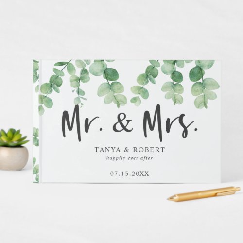 Eucalyptus Wedding Mr and Mrs Script Elegant Guest Book