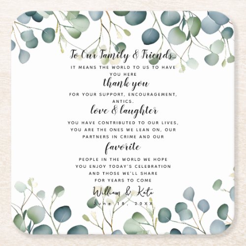 Eucalyptus wedding partywedding Thank you Square Paper Coaster