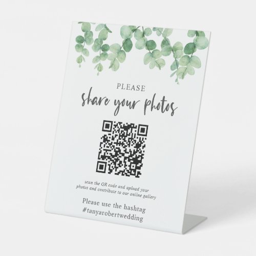 Eucalyptus Wedding Photo Album QR Code Welcome Pedestal Sign