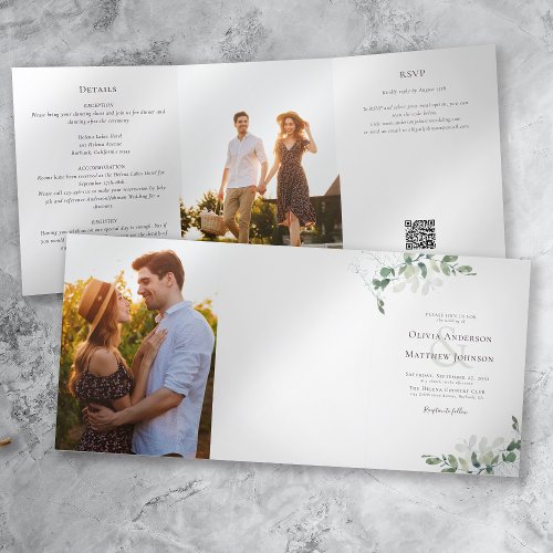 Eucalyptus Wedding Photo QR Code All in One Tri_Fold Invitation