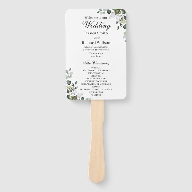 Eucalyptus Wedding Program Hand Fan (Front)