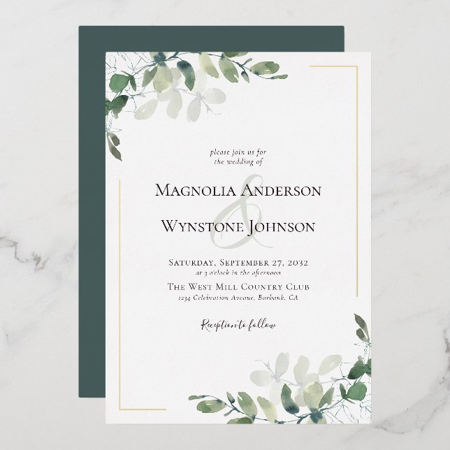 Eucalyptus Wedding Real Gold Foil Invitation (Front/Back)