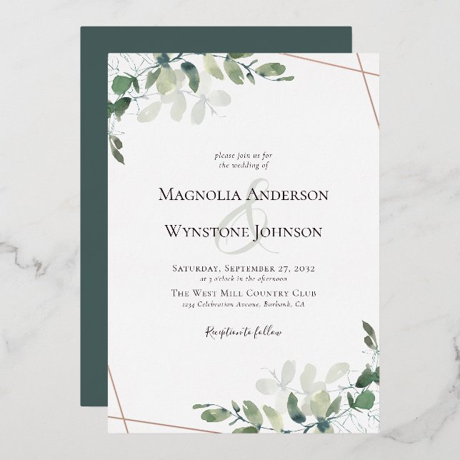 Eucalyptus Wedding Real Rose Gold Foil Invitation (Front/Back)