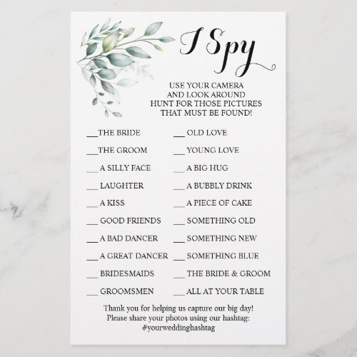 Eucalyptus Wedding Reception I Spy Game Card Flyer