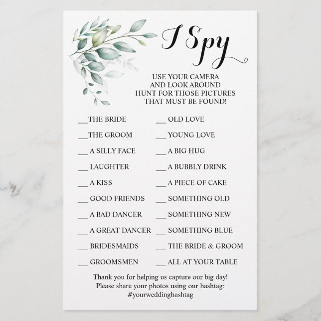Eucalyptus Wedding Reception I Spy Game Card Flyer (Front)