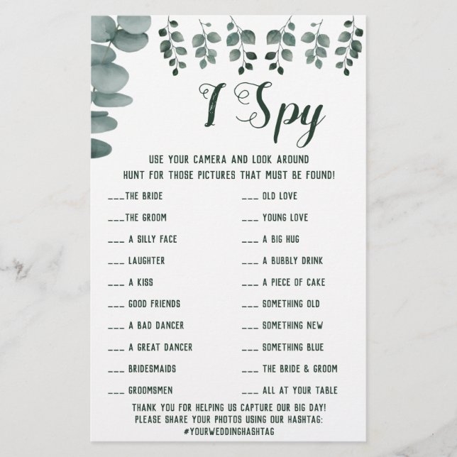 Eucalyptus Wedding Reception I Spy Game Card Flyer (Front)