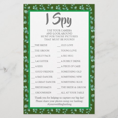 Eucalyptus Wedding Reception I Spy Game Card Flyer